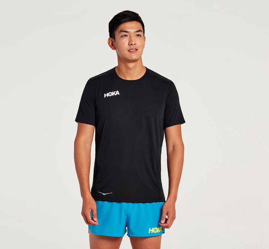 Hoka Australia One One Performance Short Sleeve - Mens Tops Black - JAFDK-1439